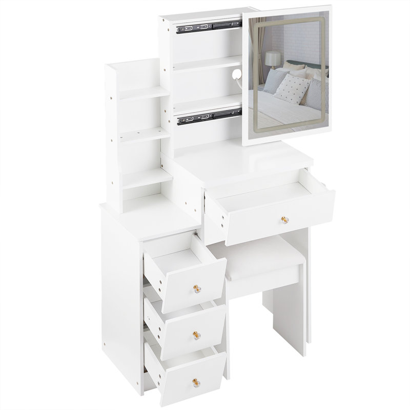 29.2" Small Size Left Bedside Cabinet Vanity Table + Cushioned Stool, 2 AC+2 USB Power Station, Hair Dryer Bracket, Extra Large Touch Control Sliding LED Mirror, Tri-Color Switching, Brightness Adjust