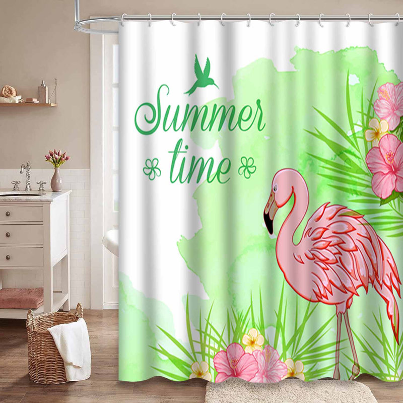 FlamingoPalm Tropical Watercolor Leaves Shower Curtain with 12 Hooks, 72" L x 78" W