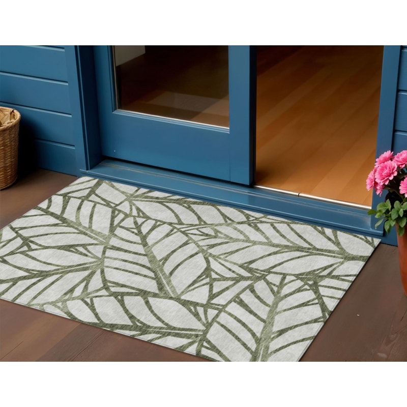 3' X 5' Olive Green And Beige Floral Washable Indoor Outdoor Area Rug