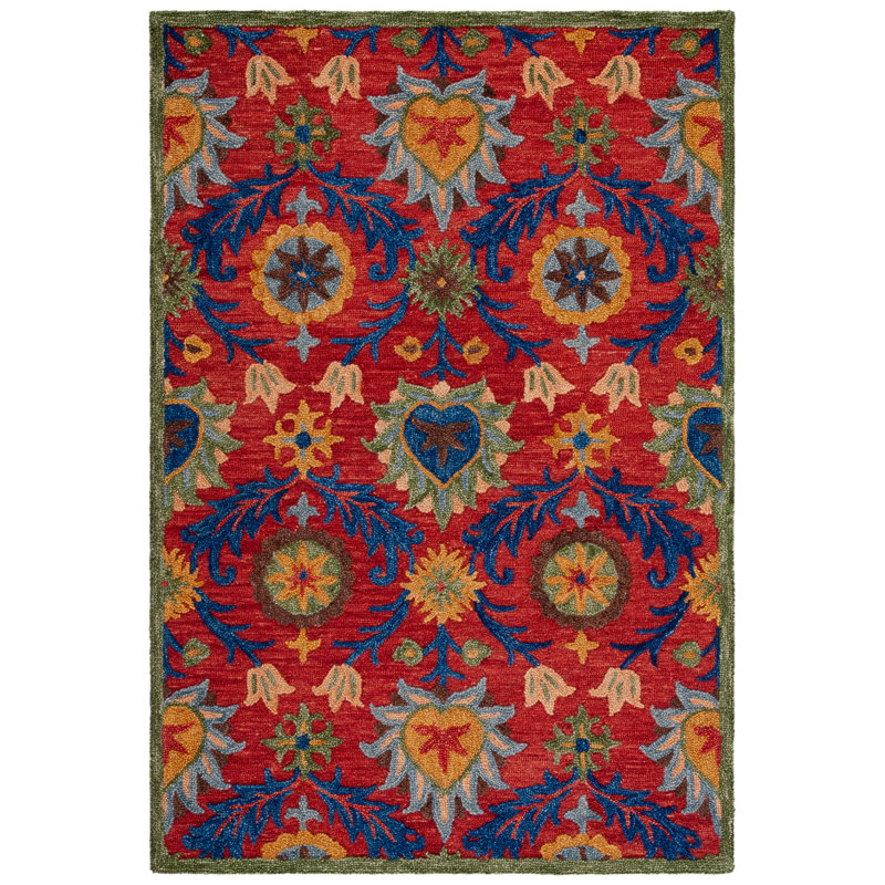 Tapis rouge / bleu / jaune touffeté à la main Gulledge, Rectangle de 5 pi x 8 pi