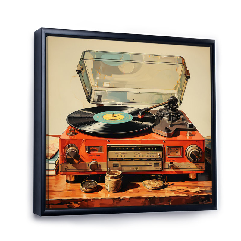 Joueur de vinyle rétro sur toile, H 24 po x l 24 po x P 1 po, Cadre flottant noir