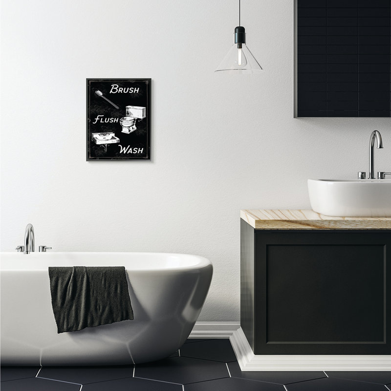 « brossage chasse et blanc de salle de bain noir et blanc », impression, H 16 po x l 20 po, Giclée encadrée noir minuit