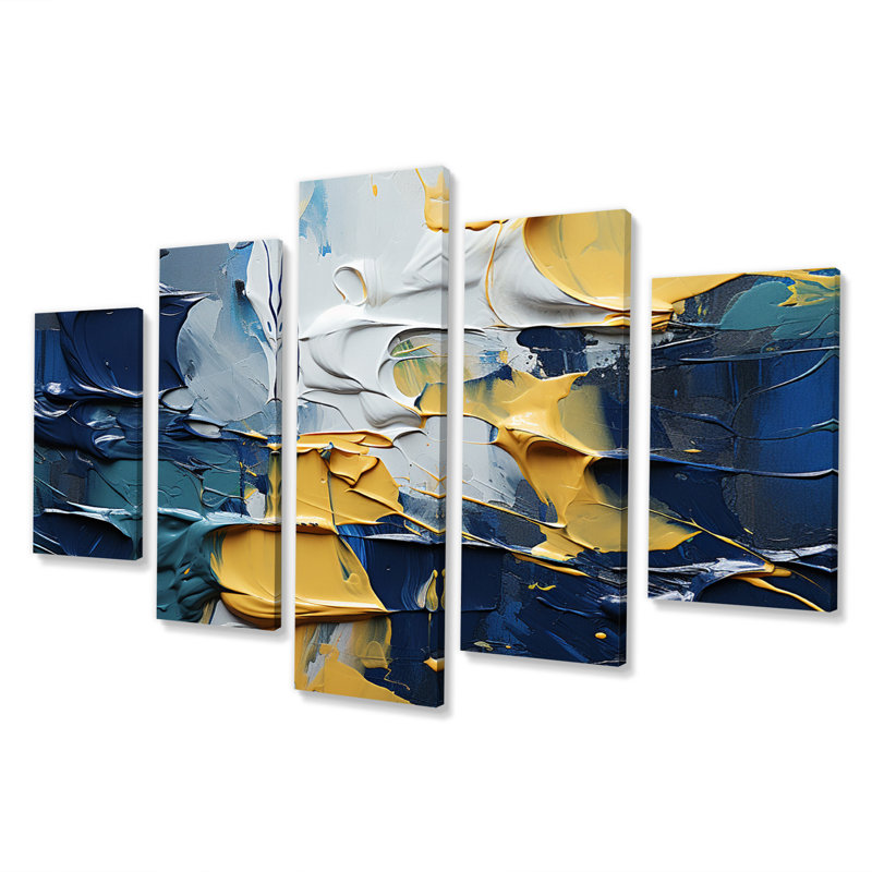 Rough Love Slavic, peinture abstraite jaune bleu II - art mural abstrait, salon - 5 panneaux