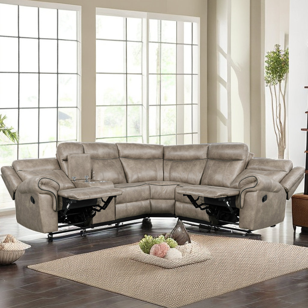 3 Pieces Sectional Sofa Set Manual Recliners with Cup Holders PU Leather Overstuffed Set Brown