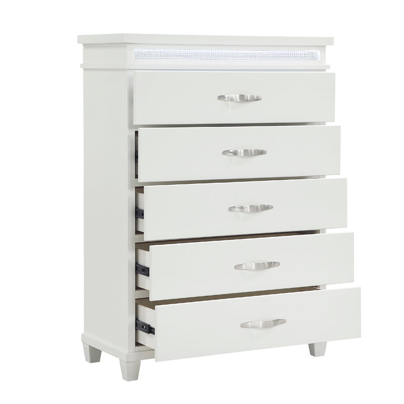 Commode haute Jisy, 5 poignées de barre chromées à DEL, blanc