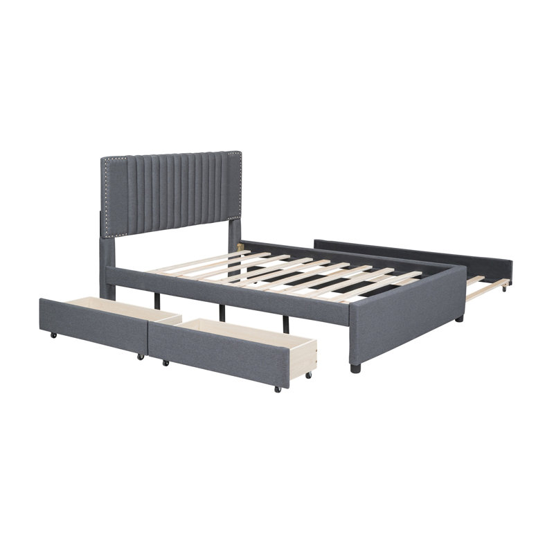 Lit plateforme double tapissier pleine grandeur avec 2 tiroirs et 1 lit gigogne simple, tête de lit classique, gris