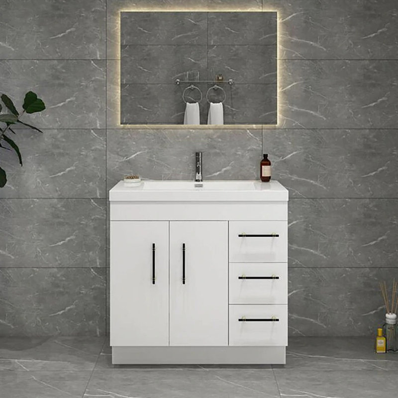 35.44'' Single Bathroom Vanity with Acrylic Top, Glossy White