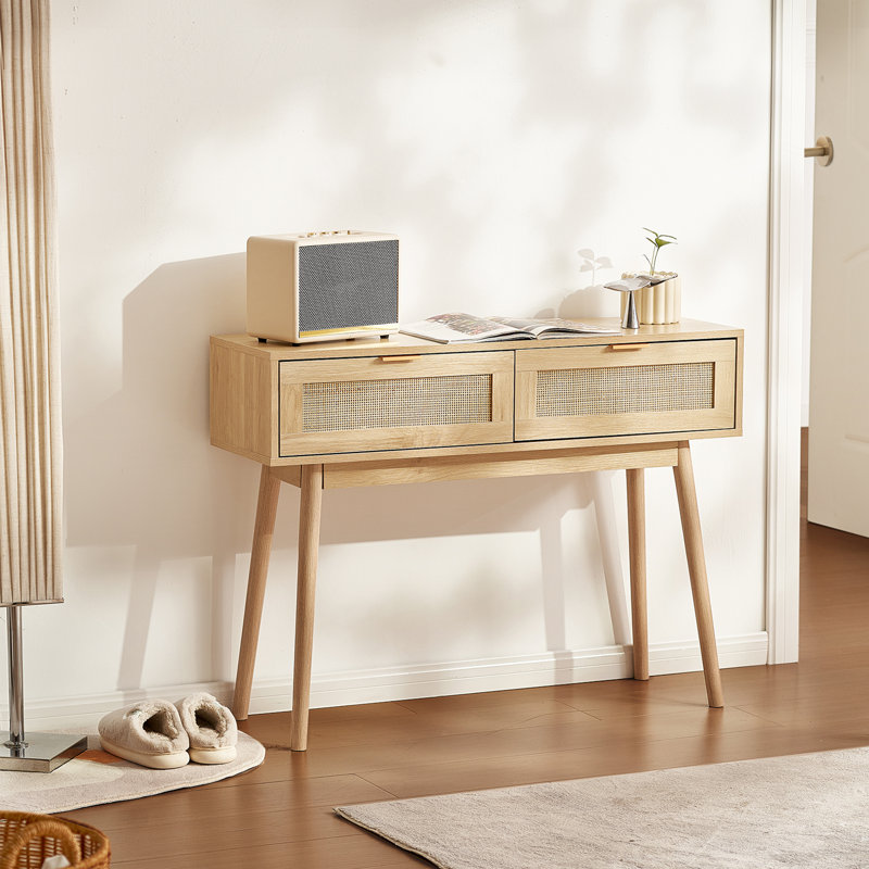 Natural Oak and Rattan Console Table with Storage Drawers