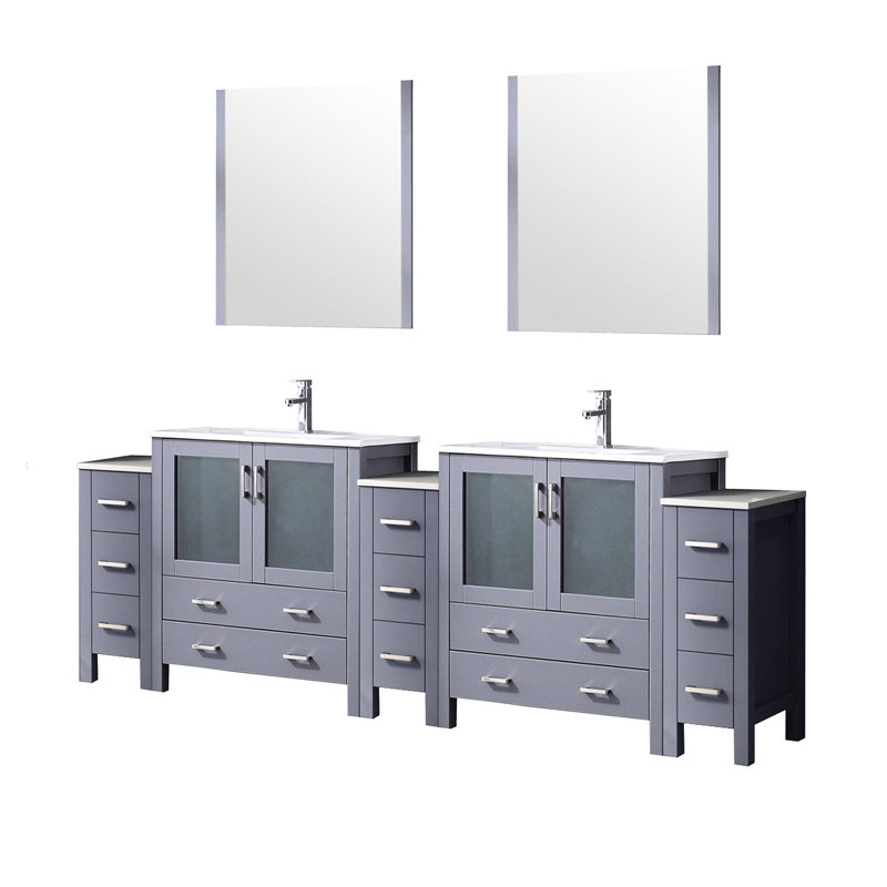 Meuble-lavabo double gris foncé de 96 po En largeur, armoires latérales, comptoir en céramique blanche, 28 miroirs et robinet, surface large pour la salle de bain avec robinet en acier inoxydable,
