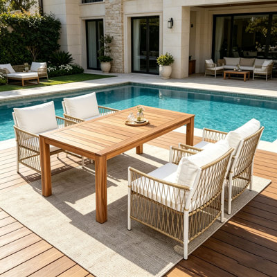 Ensemble de table de salle à manger en bois pour patio de 5 pièces, table rectangulaire d'extérieur de L 67 po avec 4 fauteuils en rotin
