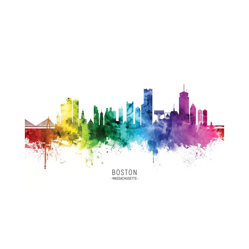 Boston Massachusetts Skyline Rainbow by Michael Tompsett - 1 Piece Wrapped Canvas Wall Art