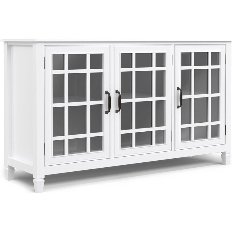 Buffet en bois massif Connaught - Buffet traditionnel avec portes en verre, tablettes réglables et pieds crantés pour la salle à manger, l'entrée ou le salon, blanc