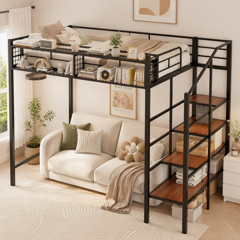 Structure de lit mezzanine en métal avec tablette de rangement à grille supérieure et échelle de rangement latérale à 4 niveaux, lit surélevé contemporain peu encombrant pour la chambre à coucher