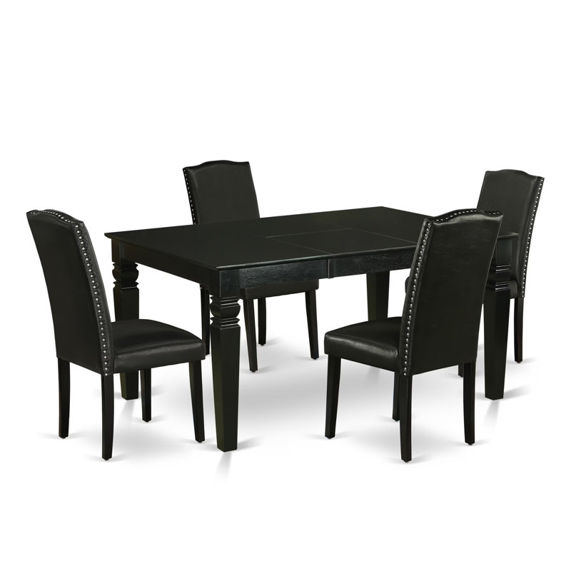 5 Piece Modern Dining Table Set Includes a Rectangle Wooden Table with Butterfly Leaf and 4 Black Faux Leather Parsons Dining Chairs, Black