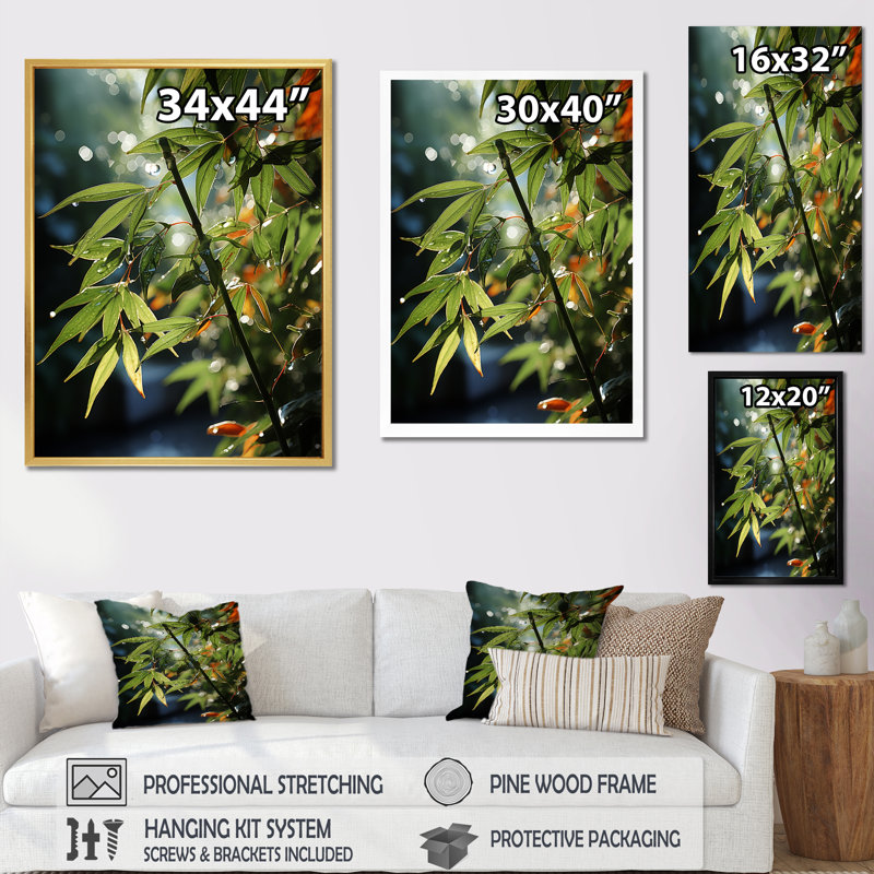 Photographie de bambou au coucher du soleil - Art mural sur toile de bambou_106579, Cadre flottant noir