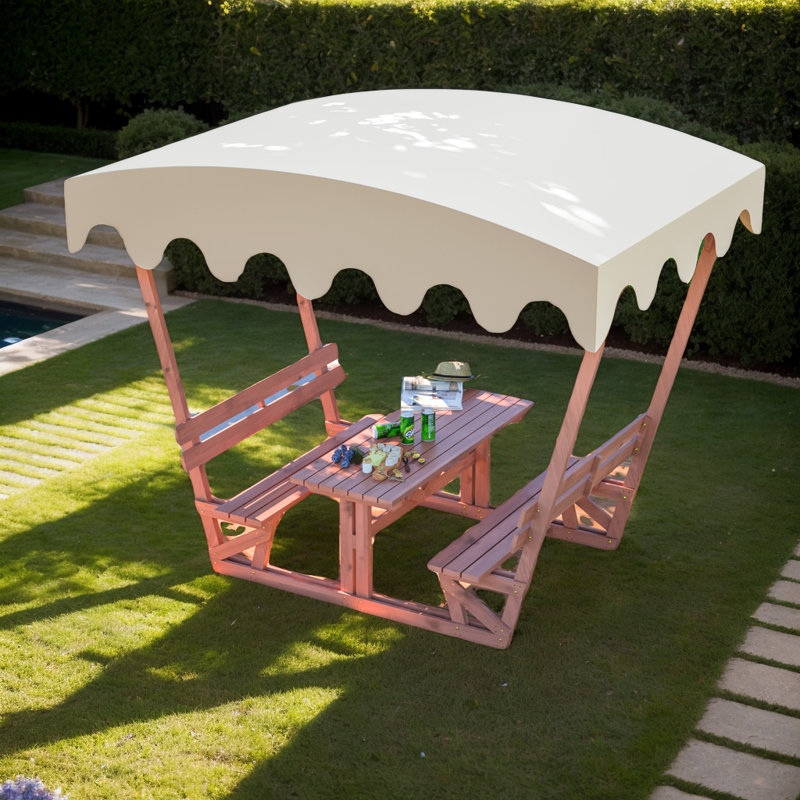 Table de pique-nique en bois massif avec bancs et auvent amovible, ensemble pour 6 personnes toutes saisons