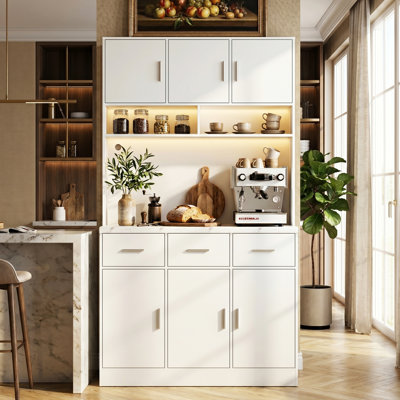 100cm W Large Freestanding Kitchen Cabinet & Microwave Stand with App-Controlled LED & Sockets, Multi-Tier Drawer Pantry Cupboard, Modern Wood