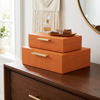 RebekaSet of 2 Rectangular Nesting Decorative Storage Boxes, Modern Embossed Finish - Orange Faux Shagreen