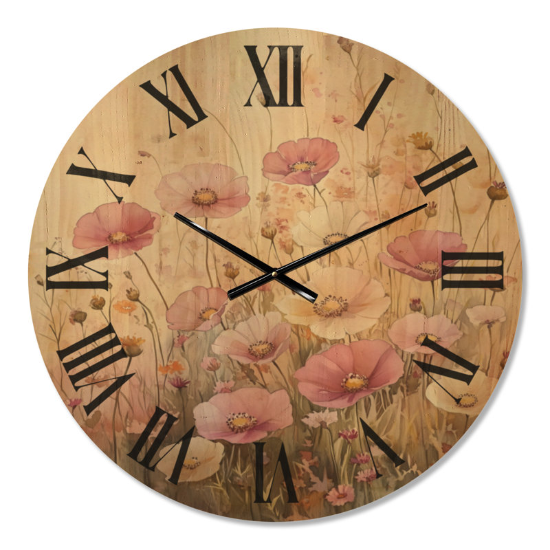 Horloge murale ronde à motif floral Blush Wildflower Meadow, imprimée sur bois, Grand