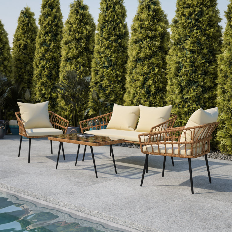 All-Weather 4 Piece Rope Rattan Patio Seating Set With Cushions, Cream