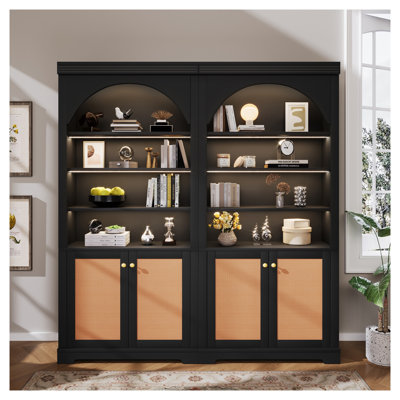 Bibliothèque haute avec portes en rotin et éclairage DEL, meuble de rangement réglable à 4 niveaux pour salon et bureau, noir