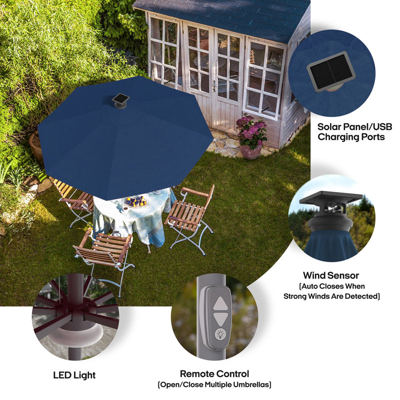 Pasticallo Paramount Series Smart Umbrella With Remote, Wind Sensor, Solar Panel, Led Center Lighting, Removeable Led Lighting Strip, Sunbrella Spectrum