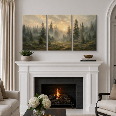 Golden Sunrise Pine Forest Landscape Artwork, Living Room Pictures, Framed Canvas Giclee Print 3 Pieces Wall Art
