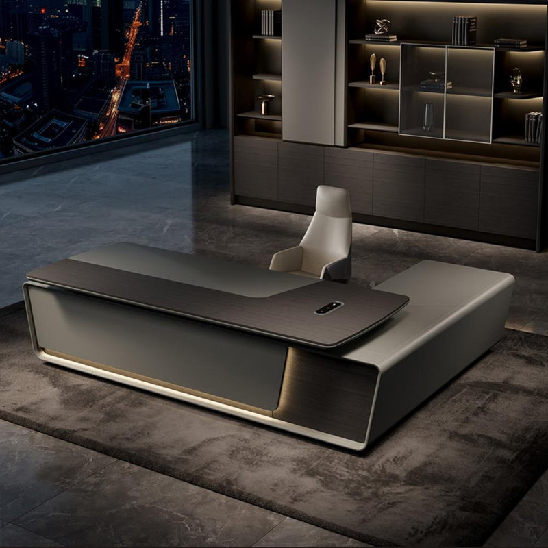 Bureau 102,36 po moderne en forme de L à panneau de particules gris, H 29,53 po x l 102,36 po x P 78,74 po
