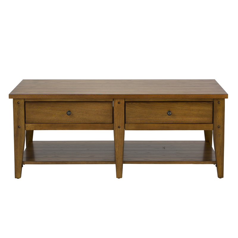 Laron Rectangular Cocktail Table w/ Two Push-Through Drawers, Oak