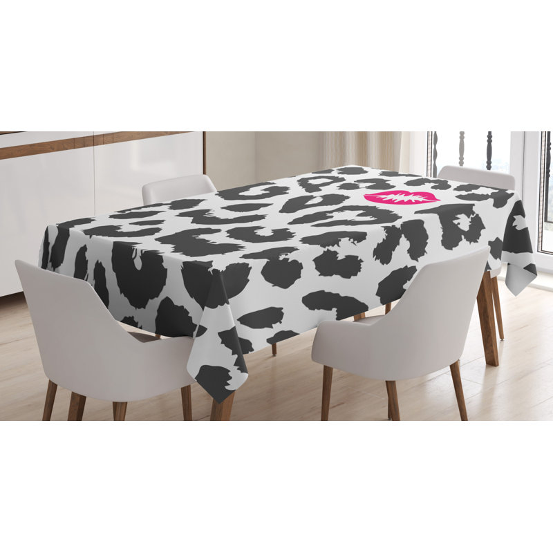 Ambesonne Safari Tablecloth, Leopard Cheetah Animal Print With Kiss Shape Lipstick Mark Dotted Trend Art, Rectangular Table Cover For Dining Room Kitchen Decor, 52" X 70", Charcoal Grey Pink