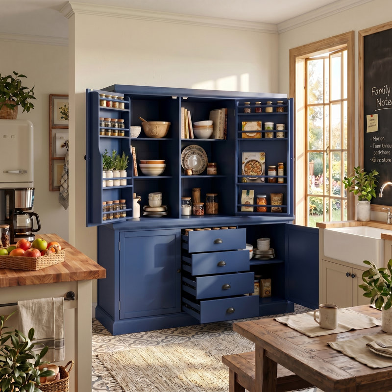 Freestanding 73"Tall Kitchen Pantry Kitchen Storage Cabinet With Drawers, Door Shelves And Adjustable Shelves, Blue