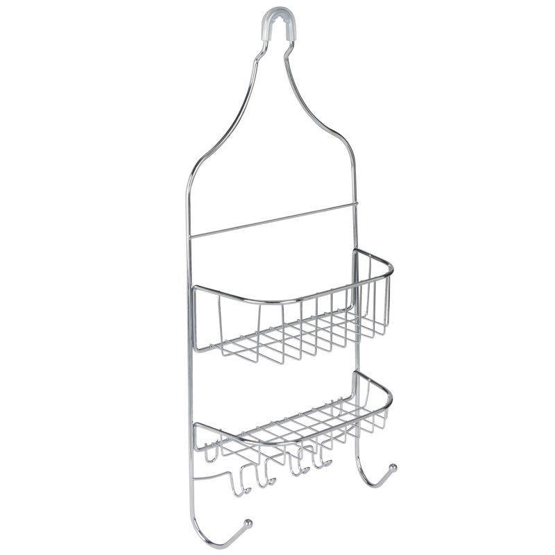 Chrome Metal 2-Shelf Hanging Shower Caddy with Hooks