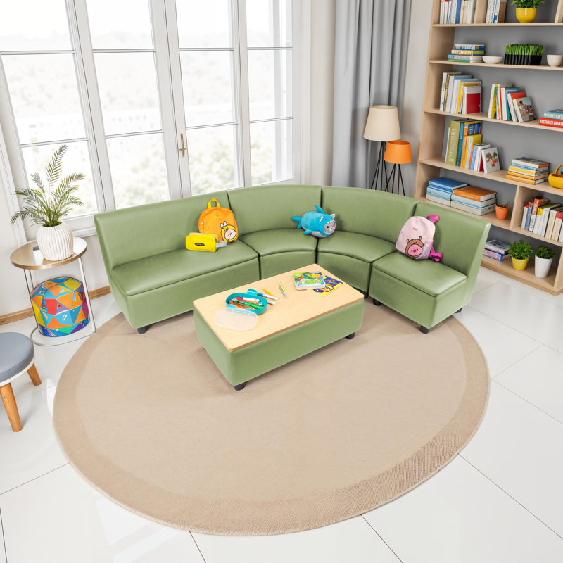 Ensemble 5 pièces de sièges collectifs courbés modulaires pour enfants avec table basse Kid Comfort, Vert fougère