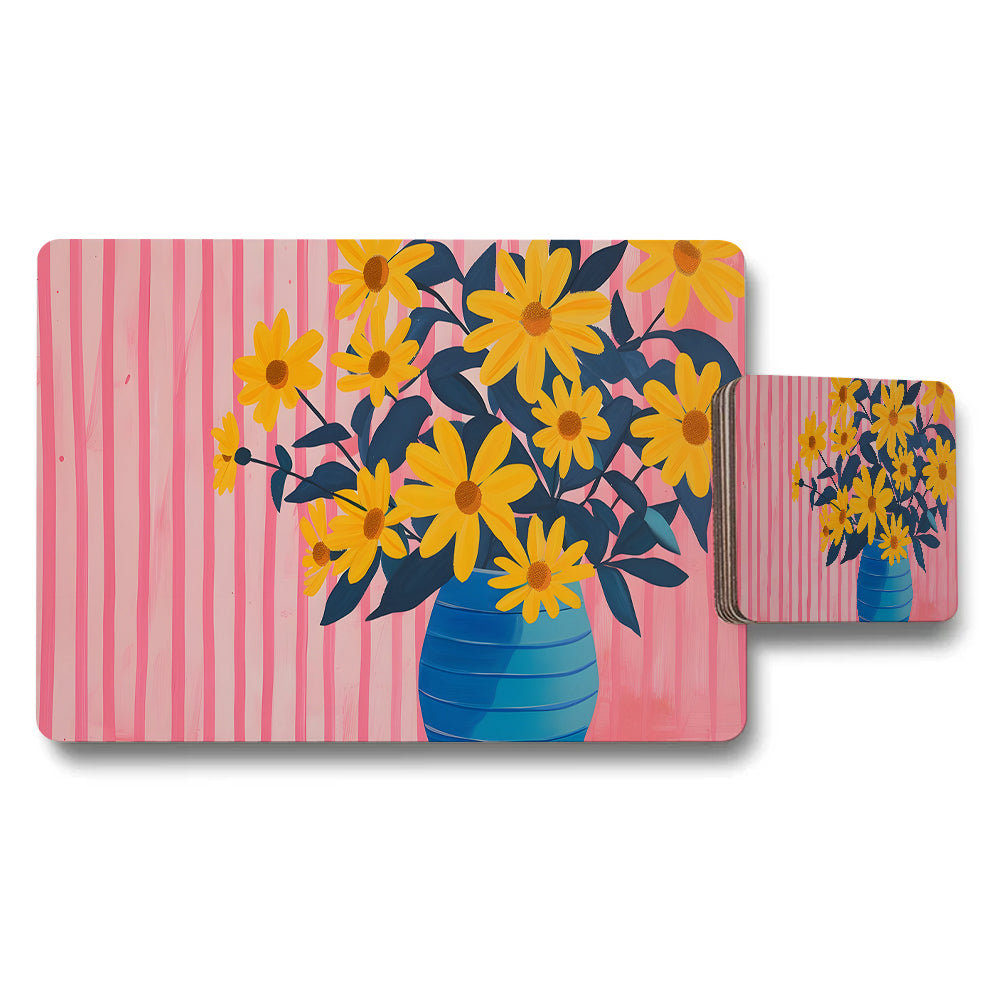 Floral Yellow Daisy Vase Placemat And Coaster Set Pink Striped Background