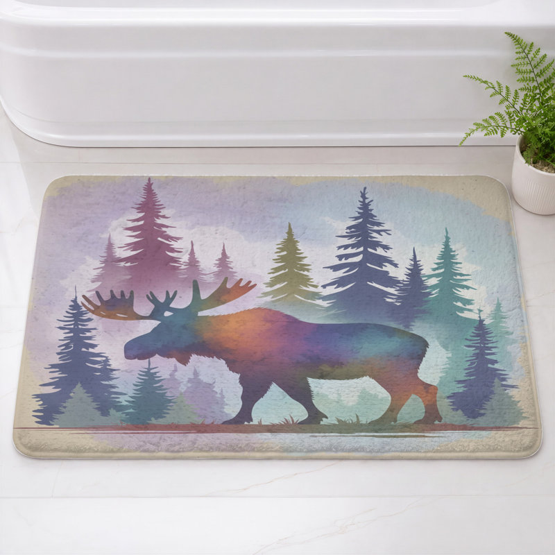Tapis de bain Moose In Forest, L 24 po x L 17 po, Beige clair / vert foncé