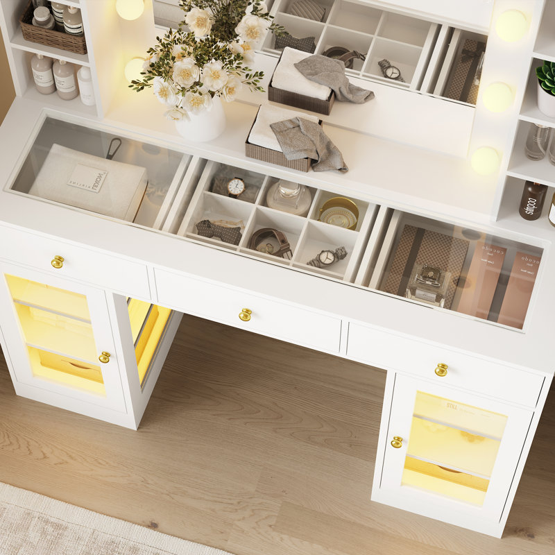 Large Makeup Vanity Desk With Lights & Mirror,10 Round Bulbs Lights with Mirror,Power Outlet,5 Drawers,8 Shelves with Brightness Lighting, Hair Dryer Holder（No Stool)