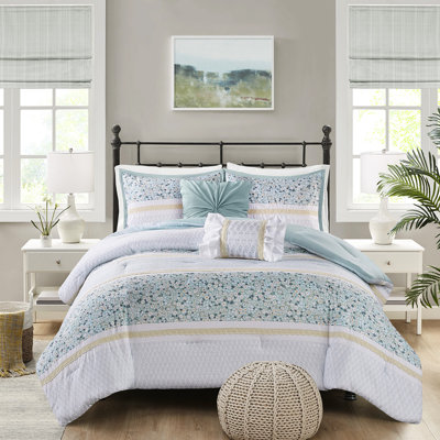 Édredon très grand / très grand avec coussins décoratifs - Motif chic et bleu à motif floral en seersucker 5 pièces pour bourre florale / botanique