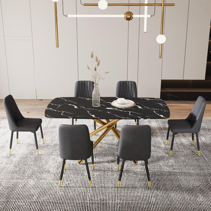 Ensemble de table de salle à manger 7 pièces Reginald - Table de cuisine en verre trempé avec 6 chaises en similicuir, Black