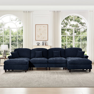 Classic U Shape 4 Seater Modular Sectional In Blue Chenille, Featuring Flared Arms, Removable Ruffles, And Spindle Legs, Comfortable With Movable Ottomans Throw Pillow Chenille Detachable Skirts,