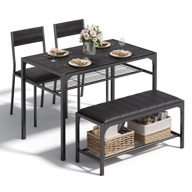 Ensemble de salle à manger Tamajah 4 pièces pour 4 personnes avec table rembourrée, banc, 2 chaises et étagères de rangement