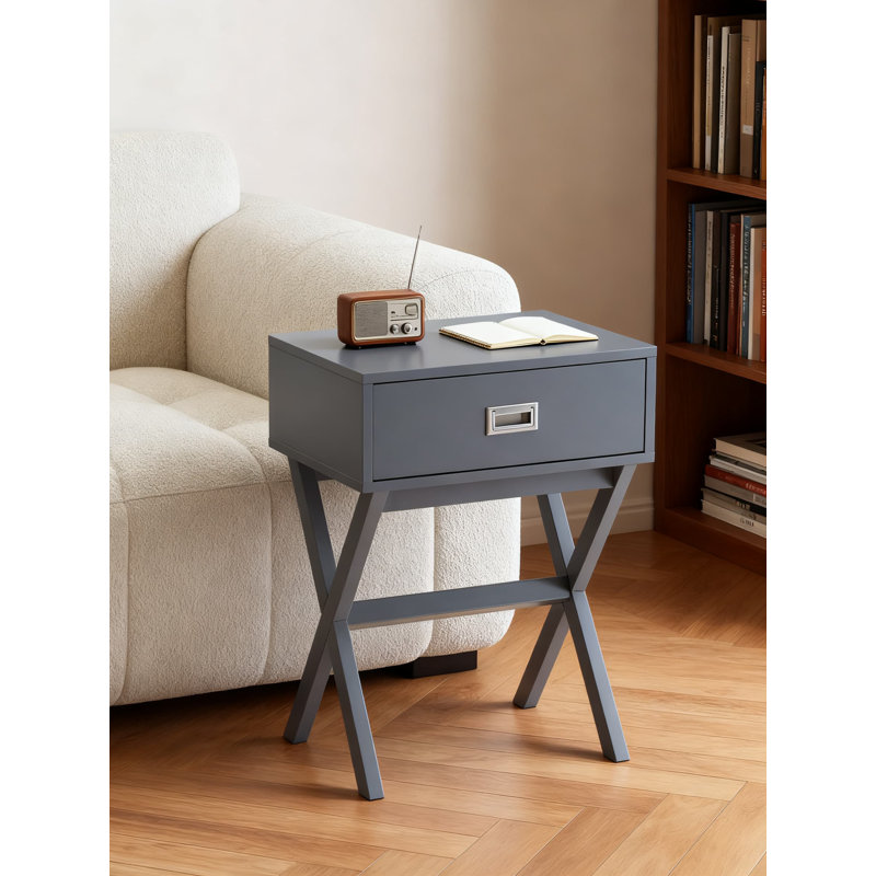 Table de bout avec tiroir, table d'appoint de style campagne moderne avec pieds en forme de X pour le salon, la chambre à coucher ou le bureau