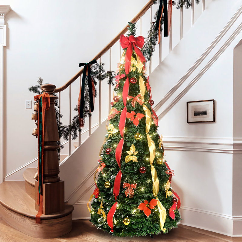Arbre de Noël de 6 pi avec design escamotable, 150 lumières et ornements blanc chaud, parfait pour les petits appartements