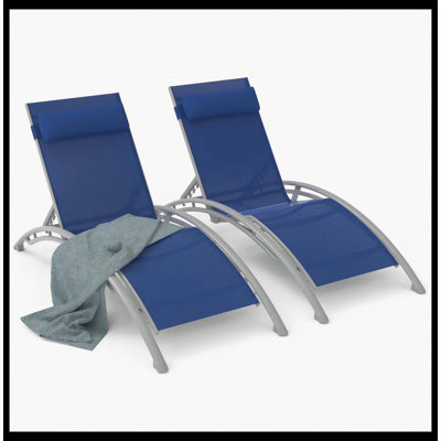 Ensemble de 2 chaises longues d'extérieur avec dossier réglable et coussin amovible, polyvalent pour une utilisation intérieure et extérieure - plage, piscine, bain de soleil et pelouse (bleu, 2 chaises longues)