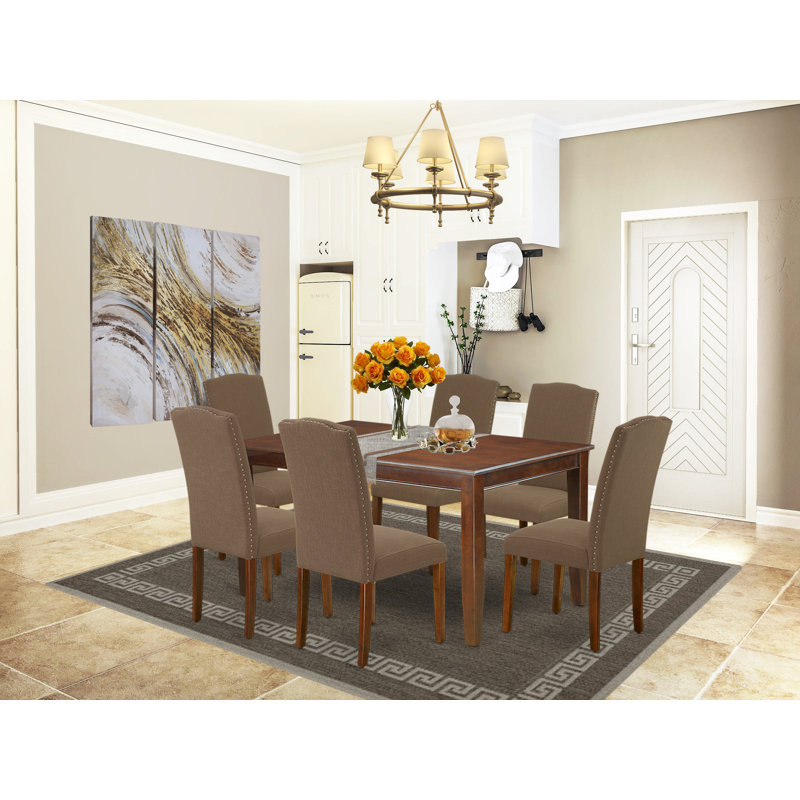 7 Piece Dining Table Set Consist of a Rectangle Dining Room Table and 6 Dark Coffee Linen Fabric Upholstered Parson Chairs, Mahogany