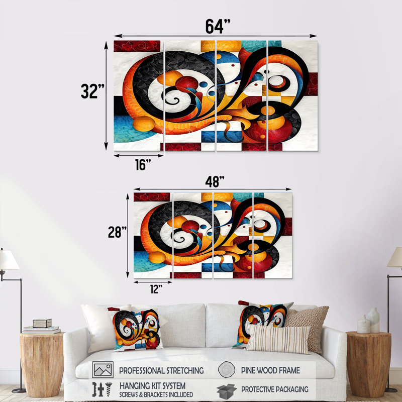 Whirling Swirls Retro Red and Blue I - Abstract Spirals Wall Art For Living Room 4 pièces, H 32 po x l 64 po
