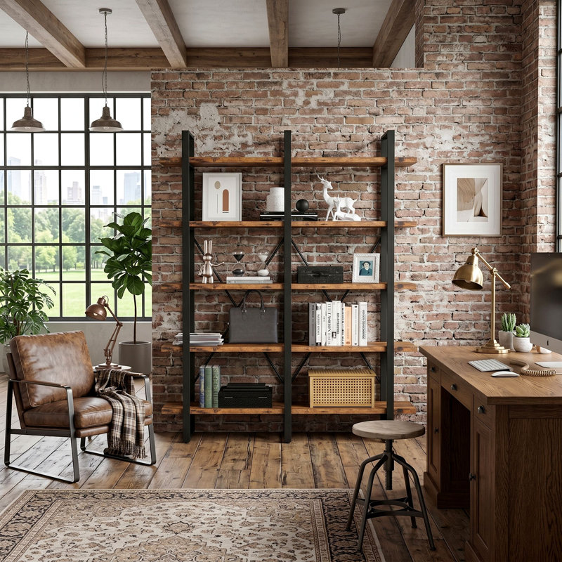 Wynot 70 H x 53.1 W Bookcase Double Wide 5 Tiers, Etagere Industrial Bookshelf with Metal Frames, Bookcase with Open Display Shelves