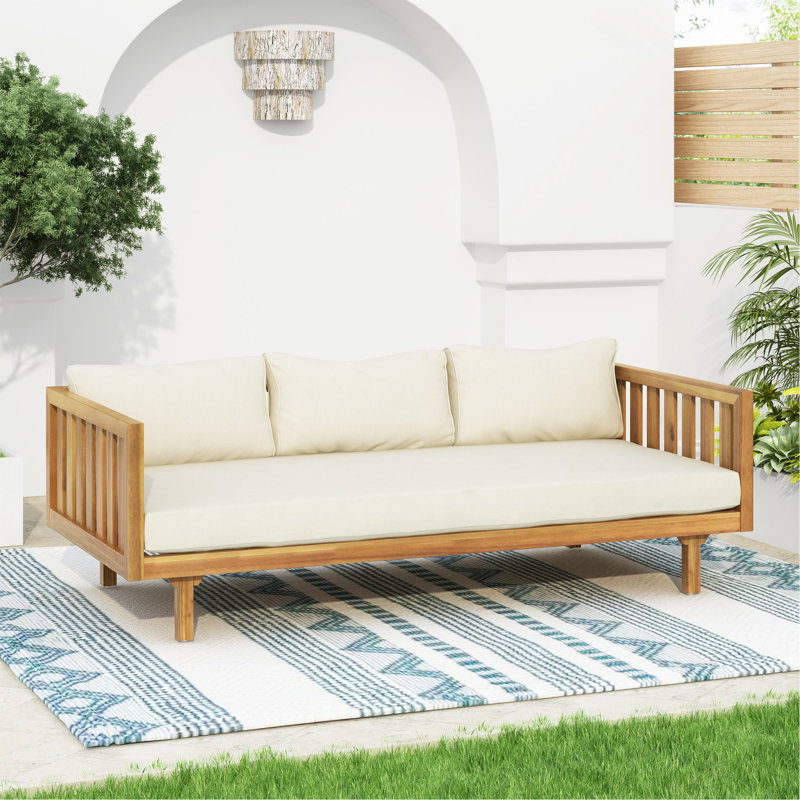 Lit de jour 3 places beige, lit de jour moderne en bois, Coussin beige / structure naturelle
