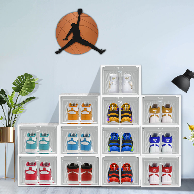 Stackable Large Shoe Containers Shoe Storage Box with Hard Plastic Drop Front for Sneakers, White