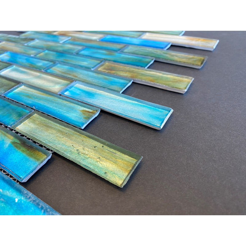Iridescent 1" x 4" Brick Pattern Glass Mosaic Wall Tile, Tropical Lagoon