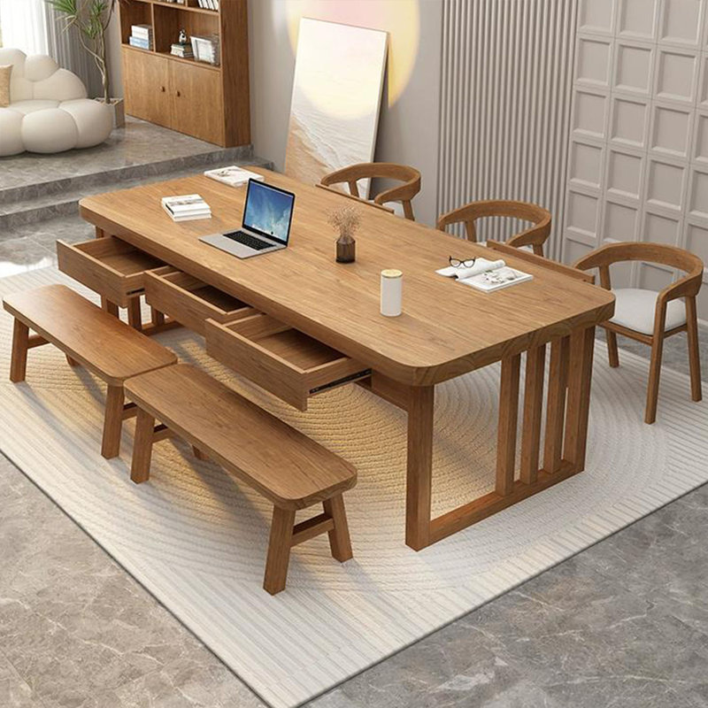 Bureau rectangulaire brun en bois massif avec 6 tiroirs, H 29,53 po x l 78,74 po x P 31,5 po